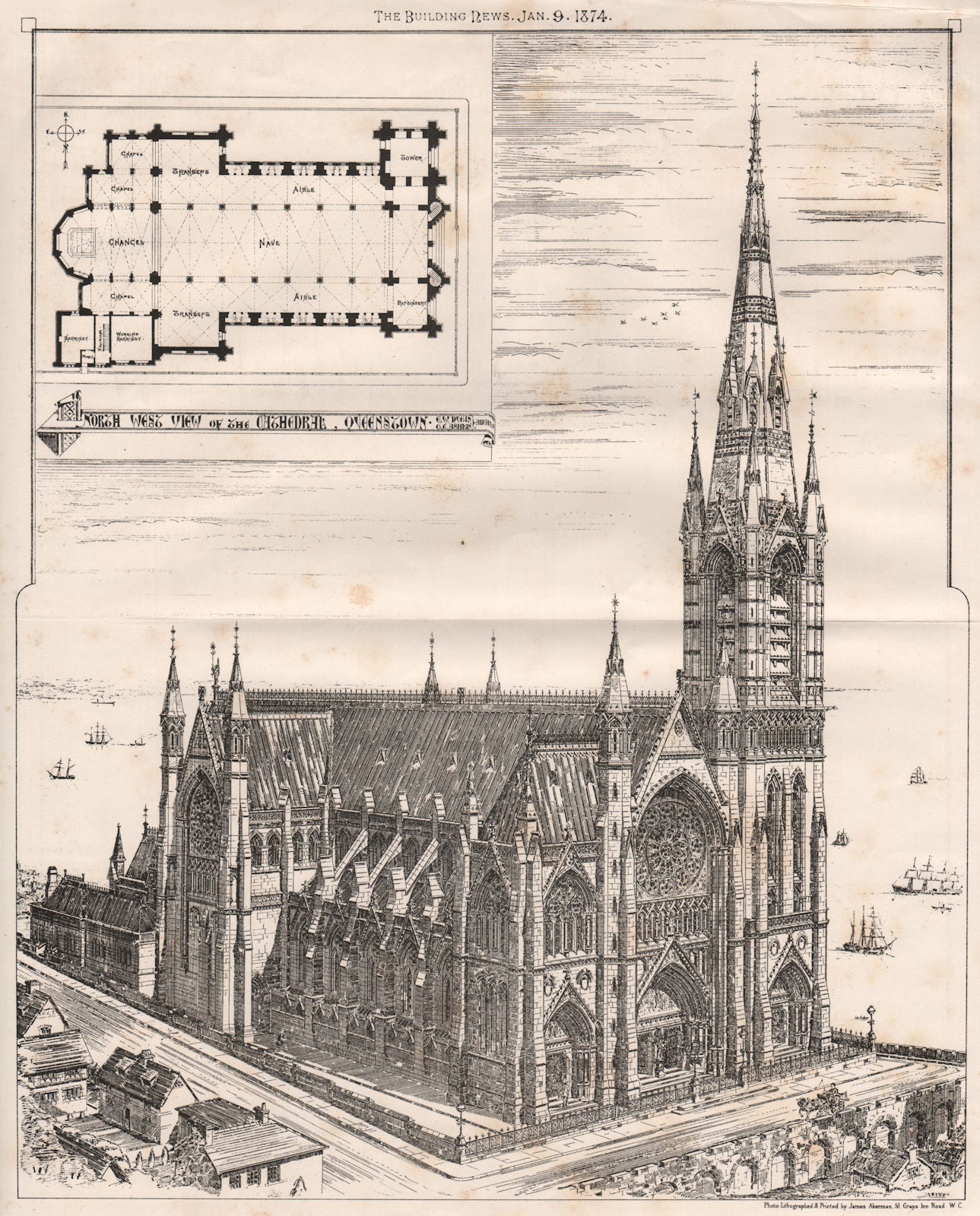 Queenstown cathedral; E.W. Pugin, G.C. Ashlin Architects. Ireland 1874 print